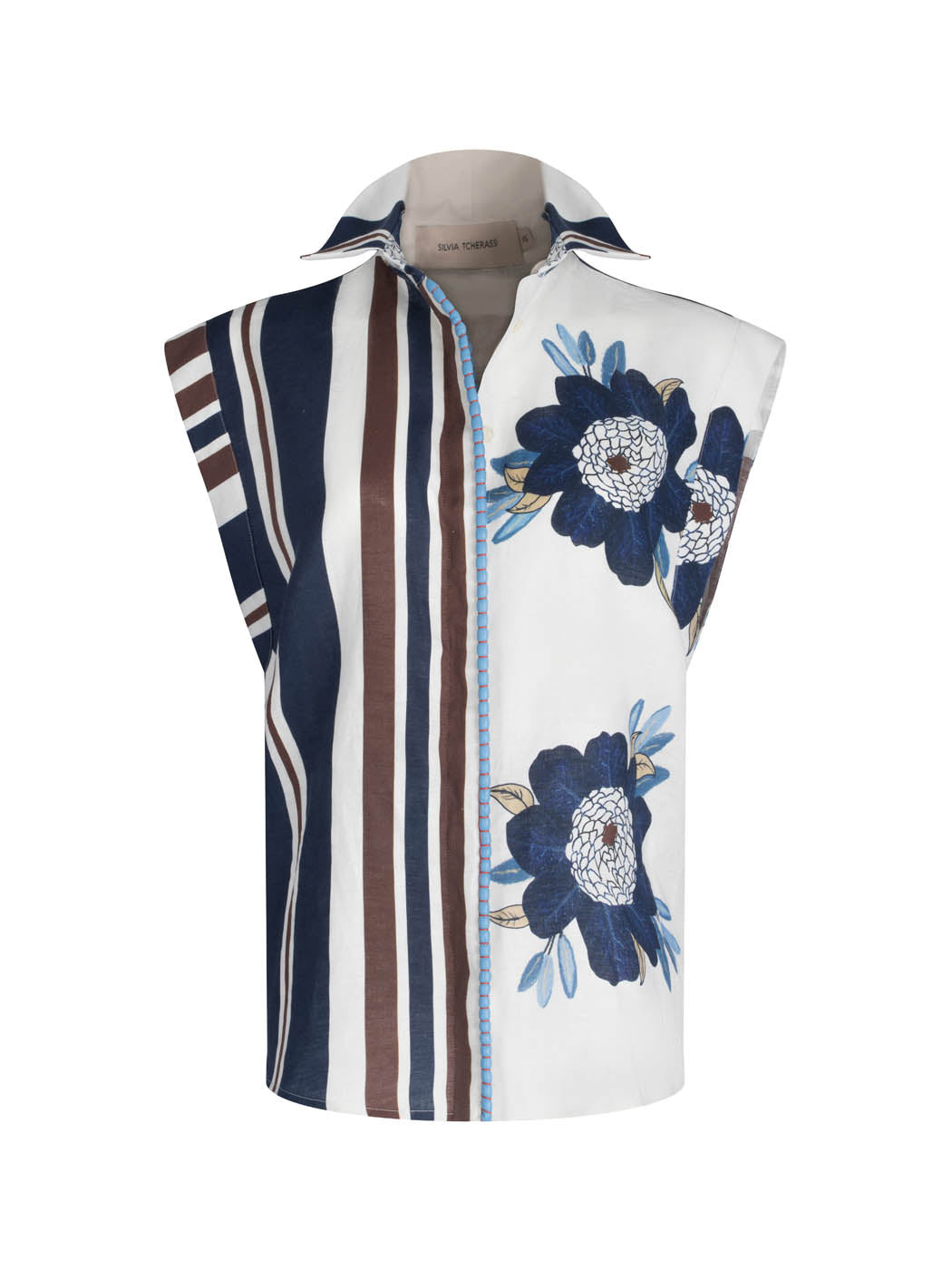 A sleeveless Rina Blouse Multi Navy Brown Floral with floral and striped patterns, featuring a pointed collar and a visible zipper on one side.