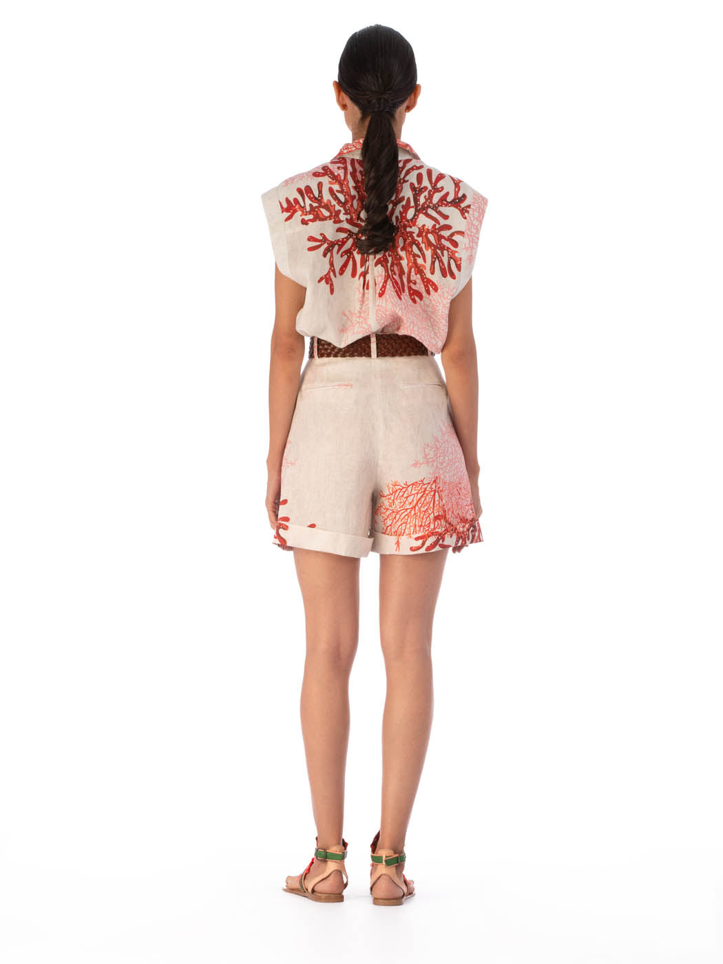 Bimba Bermuda Multi Coral high-waisted shorts with a red drawstring, displayed on a white background.