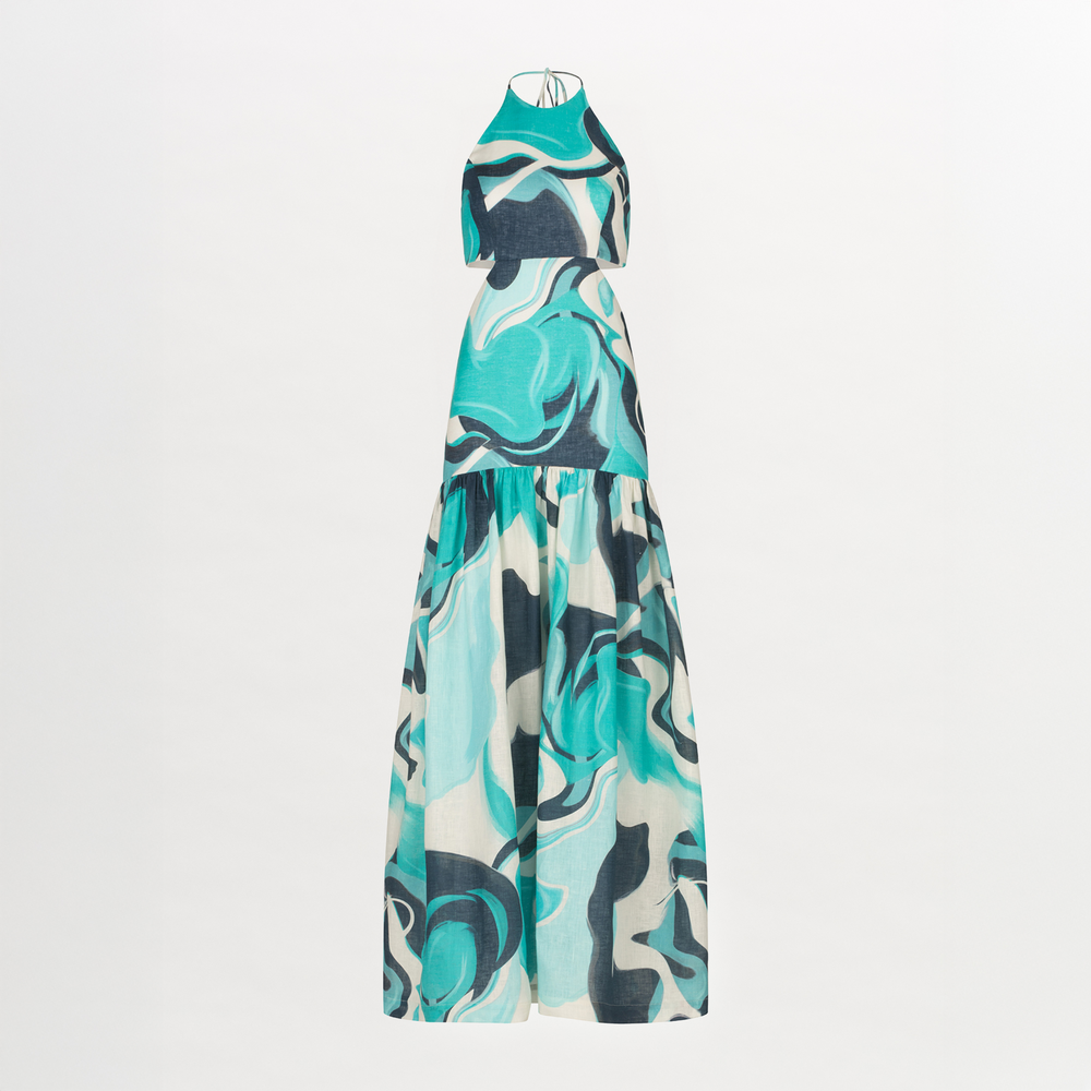 A Rosalia halter dress with an abstract print.