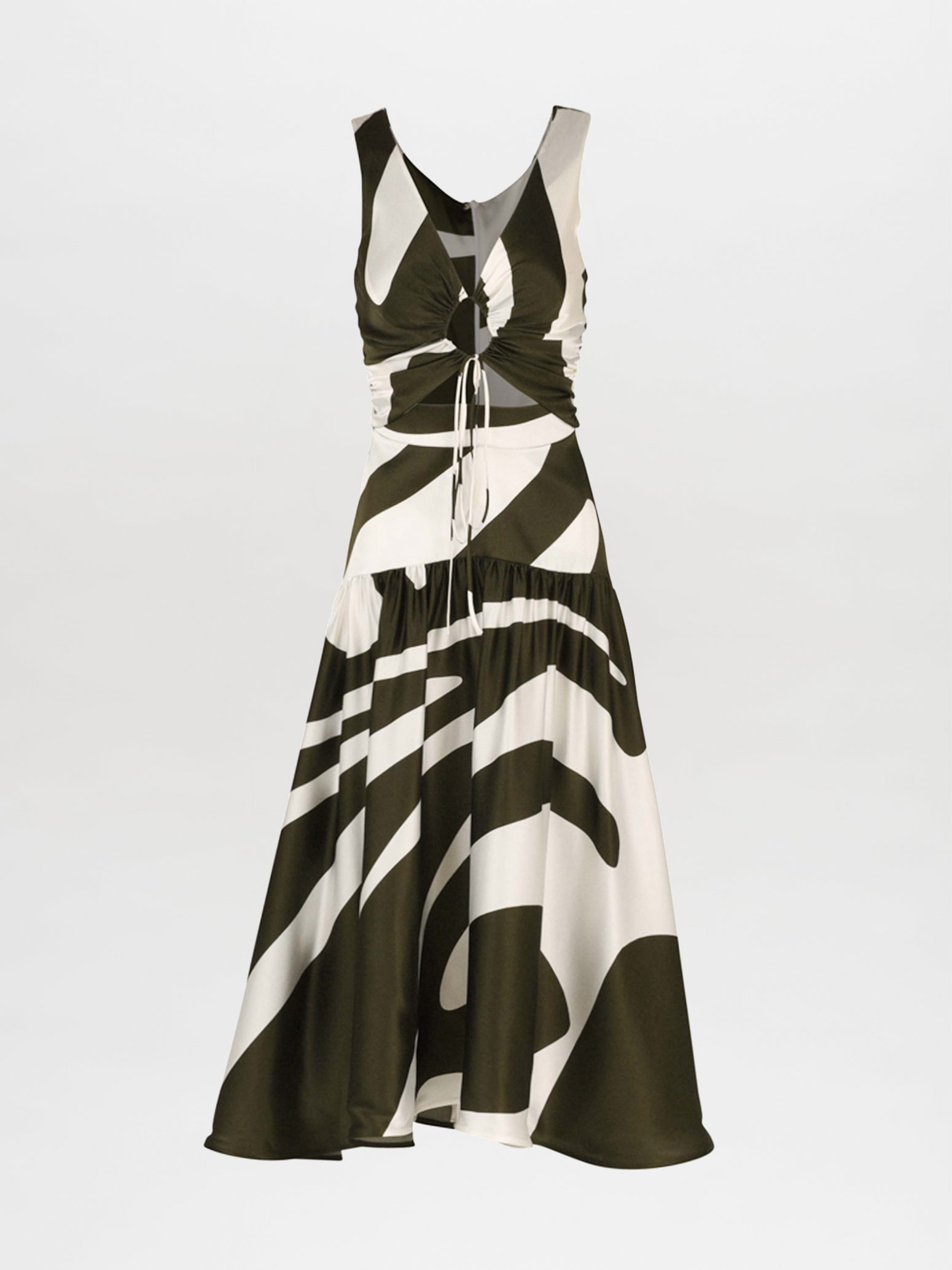 Experience elegance in the Roseanne Dress Green Abstract Palm, a sleeveless silk midi dress with a striking black and white abstract pattern. The gathered front bodice and asymmetrical hemline add an extra touch of sophistication to this timeless piece.