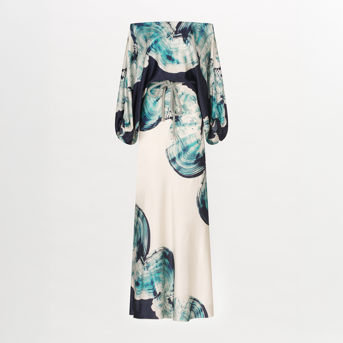 An elegant off-the-shoulder Rossi Dress Navy Abstract Wave featuring a blue and white abstract print on silk fabric.