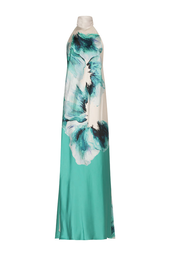 A Sherry Dress Aqua Abstract Wave with a floral print.