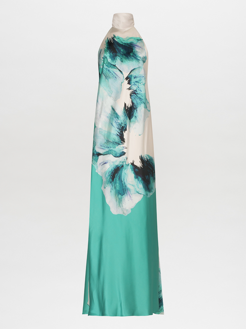 A Sherry Dress Aqua Abstract Wave with a floral print.