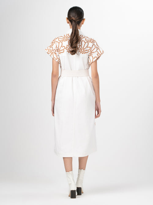 A lightweight, Concetta Dress White Cacao Eyelet robe with a self-tie waist belt.