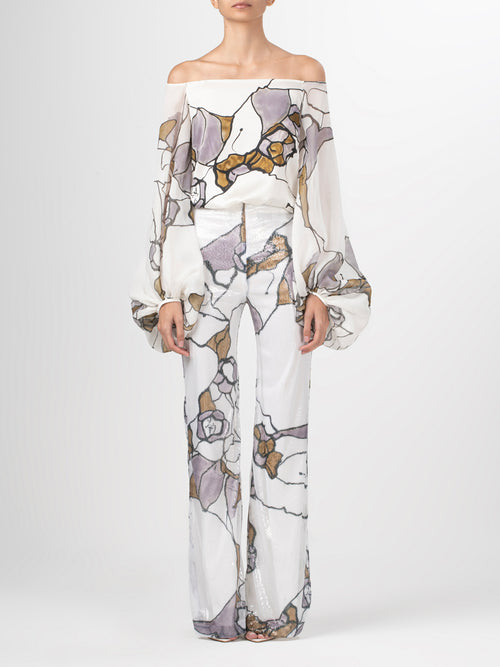 An image of Avellino Pant Ecru Marble with an abstract flower print.