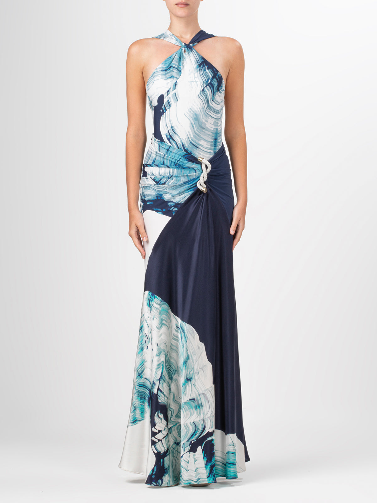 A Alisha One Piece Navy Abstract Wave with an abstract blue and white print made of lycra fabric.