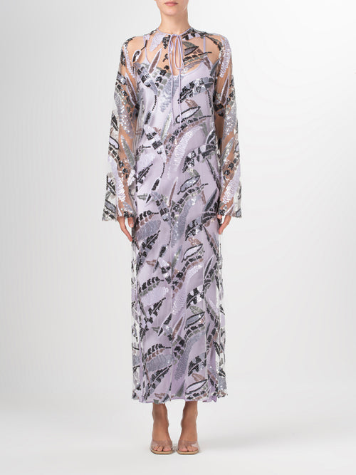 Andria Dress Lavender and Silver with a black and white print.