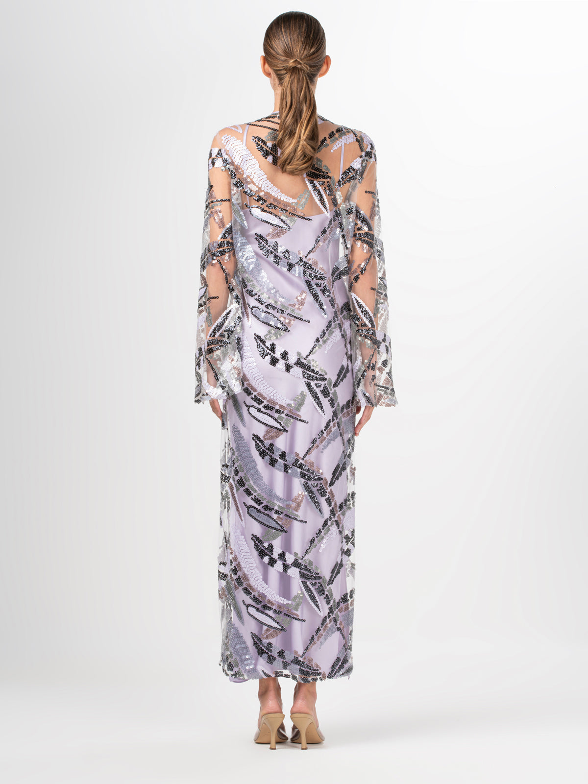Andria Dress Lavender and Silver with a black and white print.