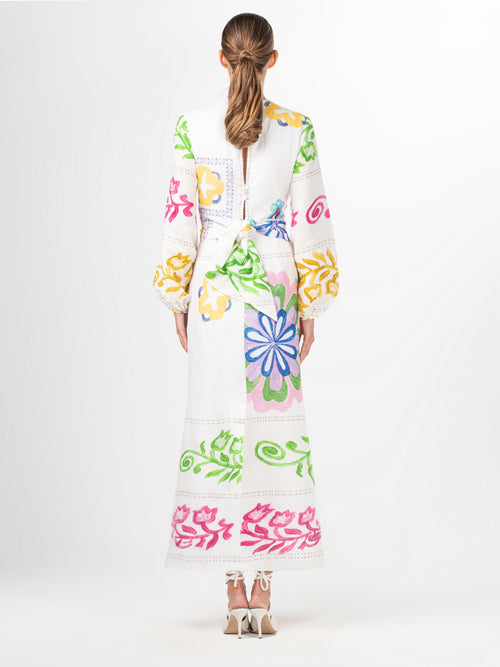 A Battia Dress Multicolor Floral Print with abstract multicolor print flowers on linen fabric.