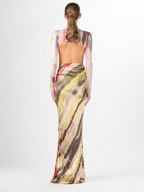 A women's Olante Bodysuit Artichoke Pink Abstract Stripes in lycra fabric.
