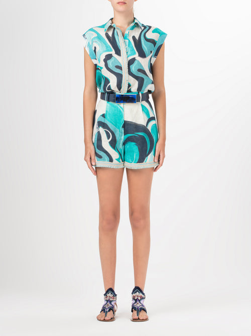 Arnit Short Turquoise Marble with a blue and white abstract print.