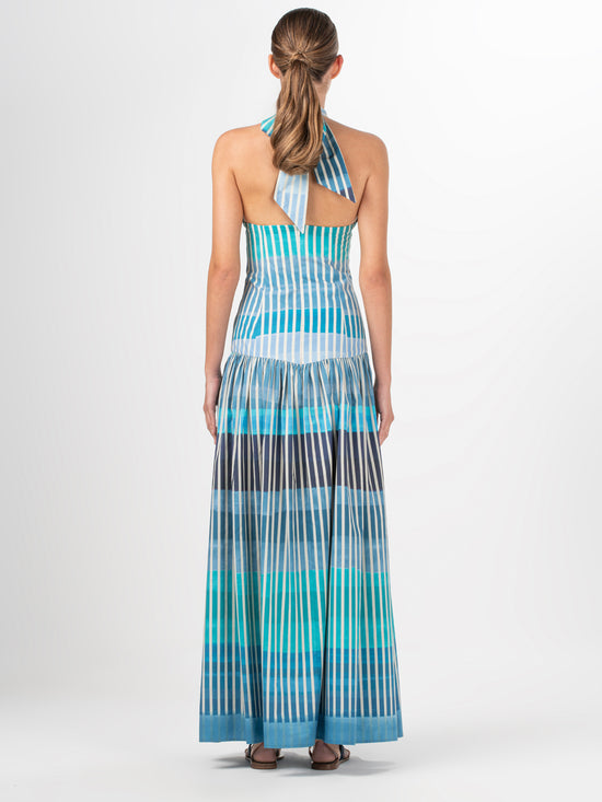 A Traviata Dress Infinite Blue Stripes on a white background.