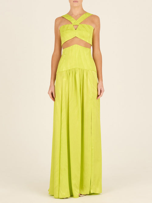 Long lime green sleeveless dress featuring a fitted bodice and the Febe Skirt in Verde Lime Jacquard, displayed against a white background.