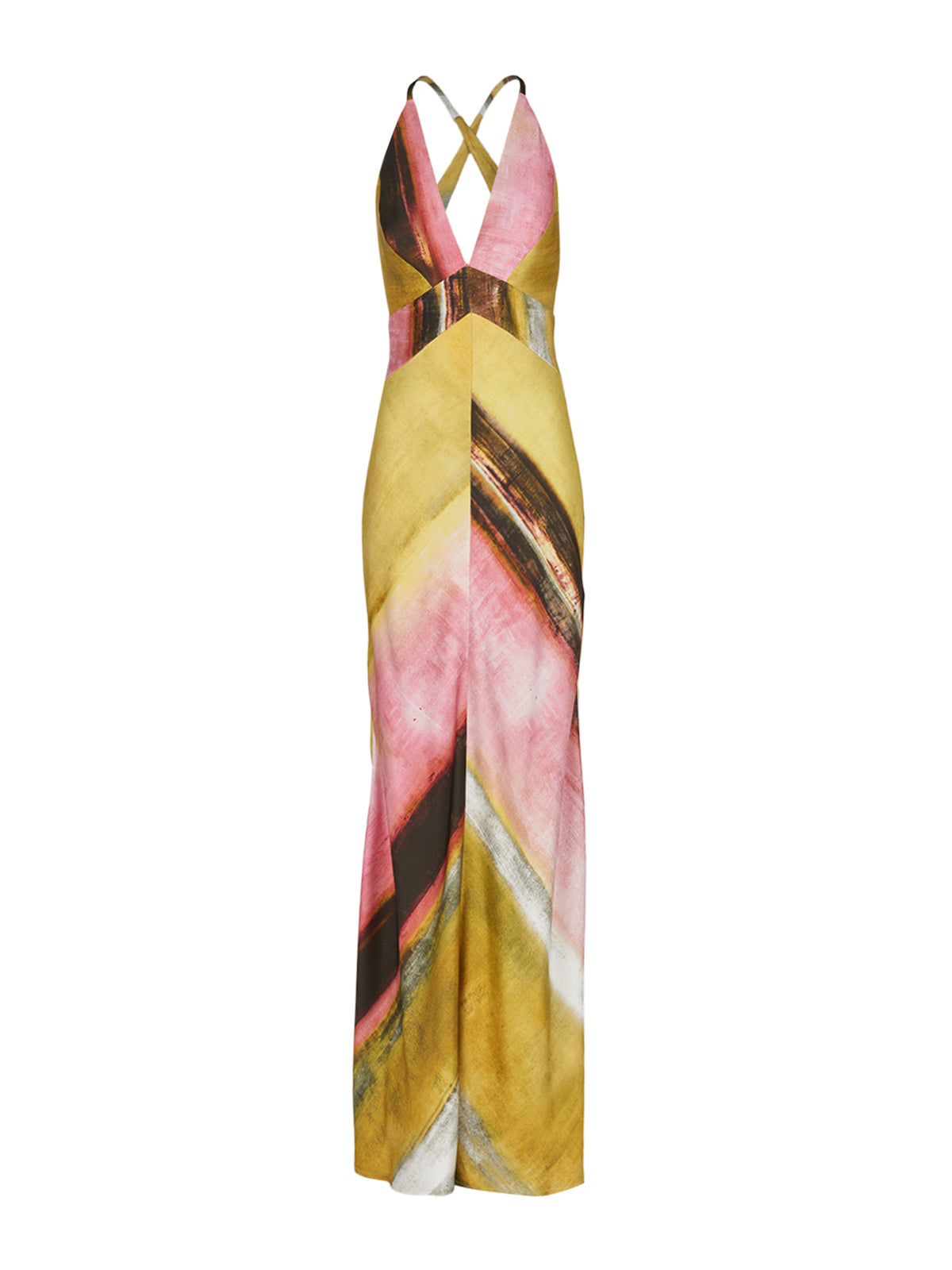 The Daniela Dress Canary Pink Stripes showcases a colorful halter-neck design adorned with a geometric pattern in hues of pink, yellow, and brown, expertly crafted from luxurious crepe de silk fabric.