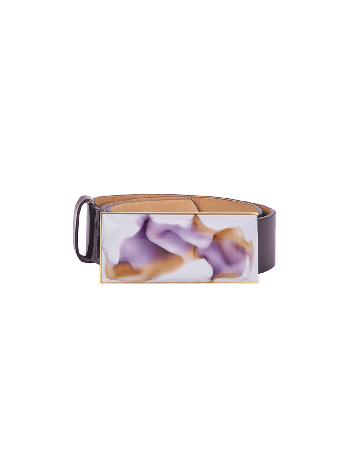 Part of the Spring 2023 Collection, the Dora Belt Brown Purple Marble by Silvia Tcherassi is a brown belt with a rectangular buckle featuring a purple, white, and gold abstract design.