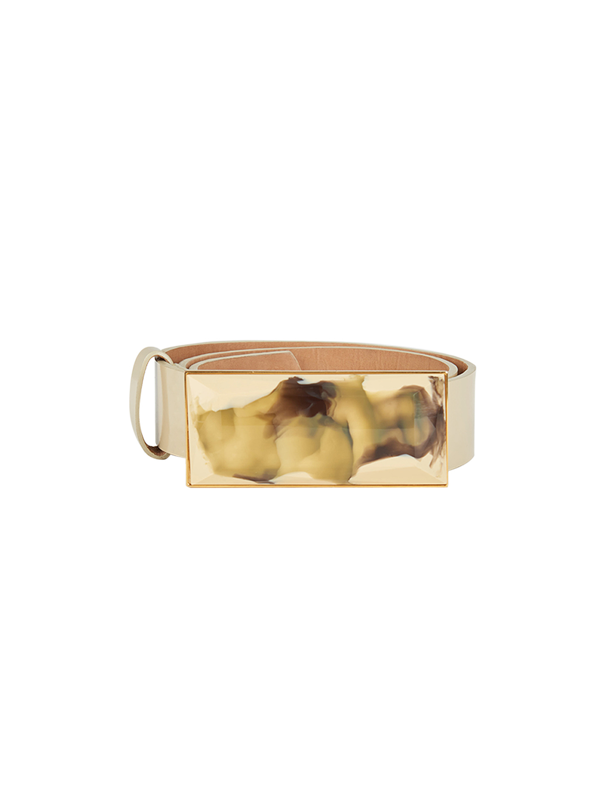 Discover the Dora Belt Pastel Yellow from Silvia Tcherassi's Spring 2023 Collection, a yellow leather essential featuring a stunning rectangular marbled buckle in shades of gold and brown.