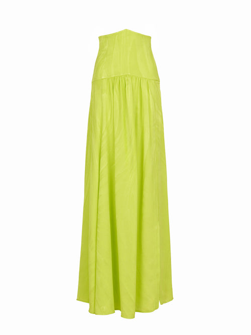 Long lime green sleeveless dress featuring a fitted bodice and the Febe Skirt in Verde Lime Jacquard, displayed against a white background.