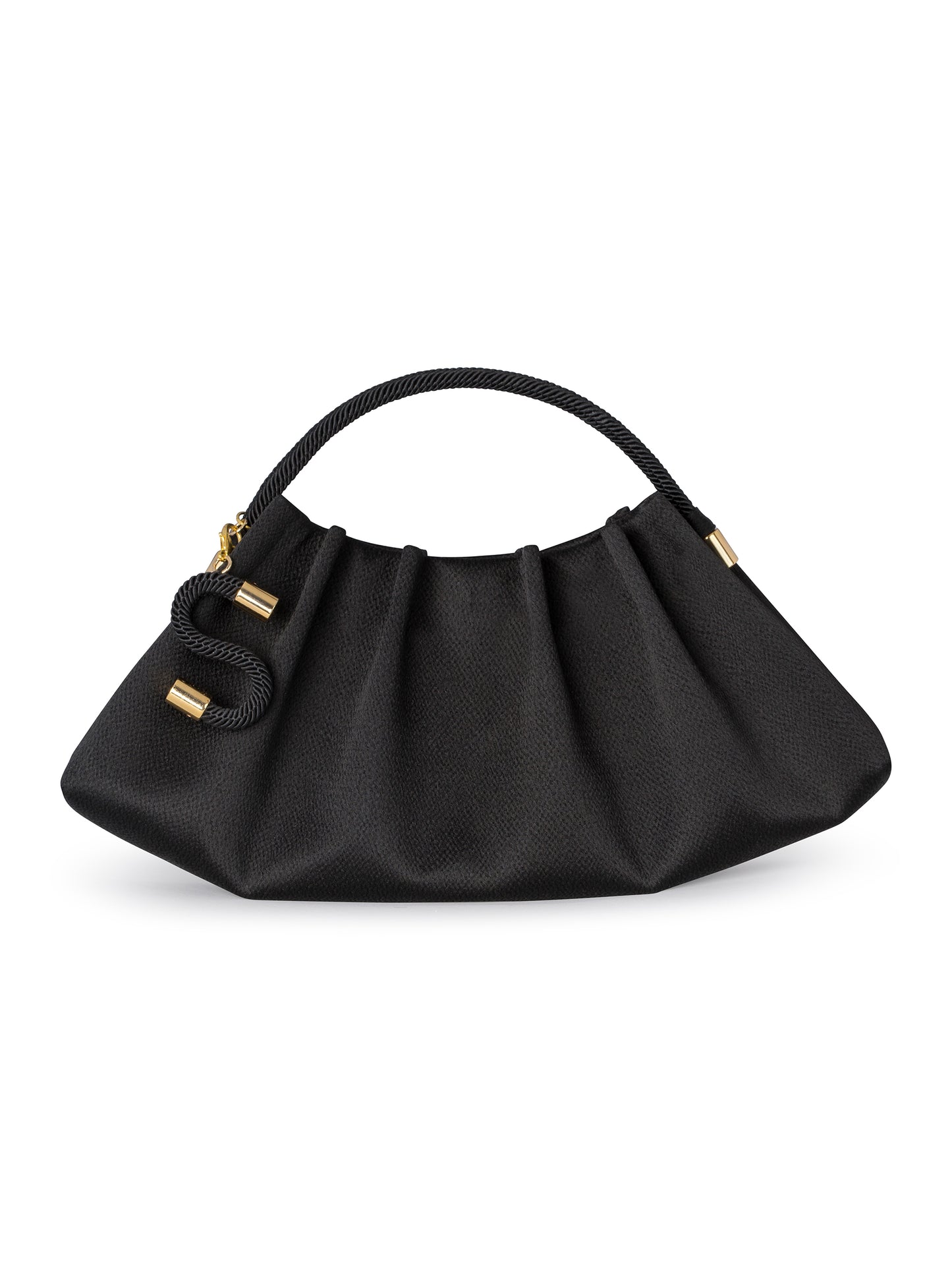 The ST Clutch Black handbag features a textured surface, gold hardware, and a short braided handle. It boasts a gathered design and drawstring closure. Please refer to the item ship date upon ordering.