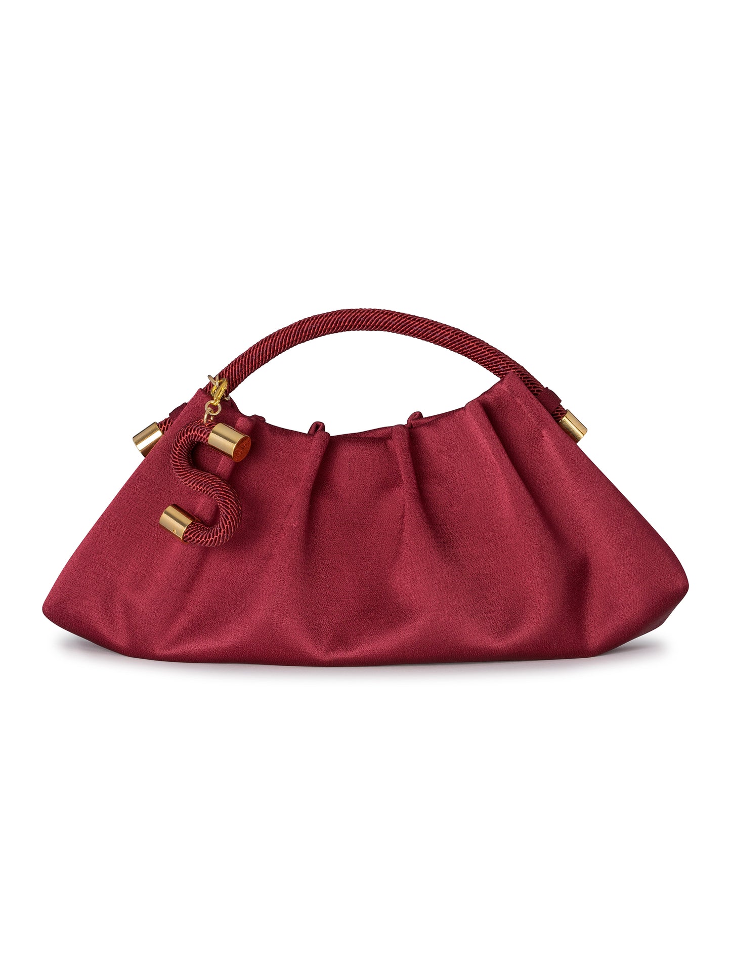 A ST Clutch Burgundy handbag with a gathered design, gold accents, and a decorative knot on the handle, perfect for your August 19th plans.