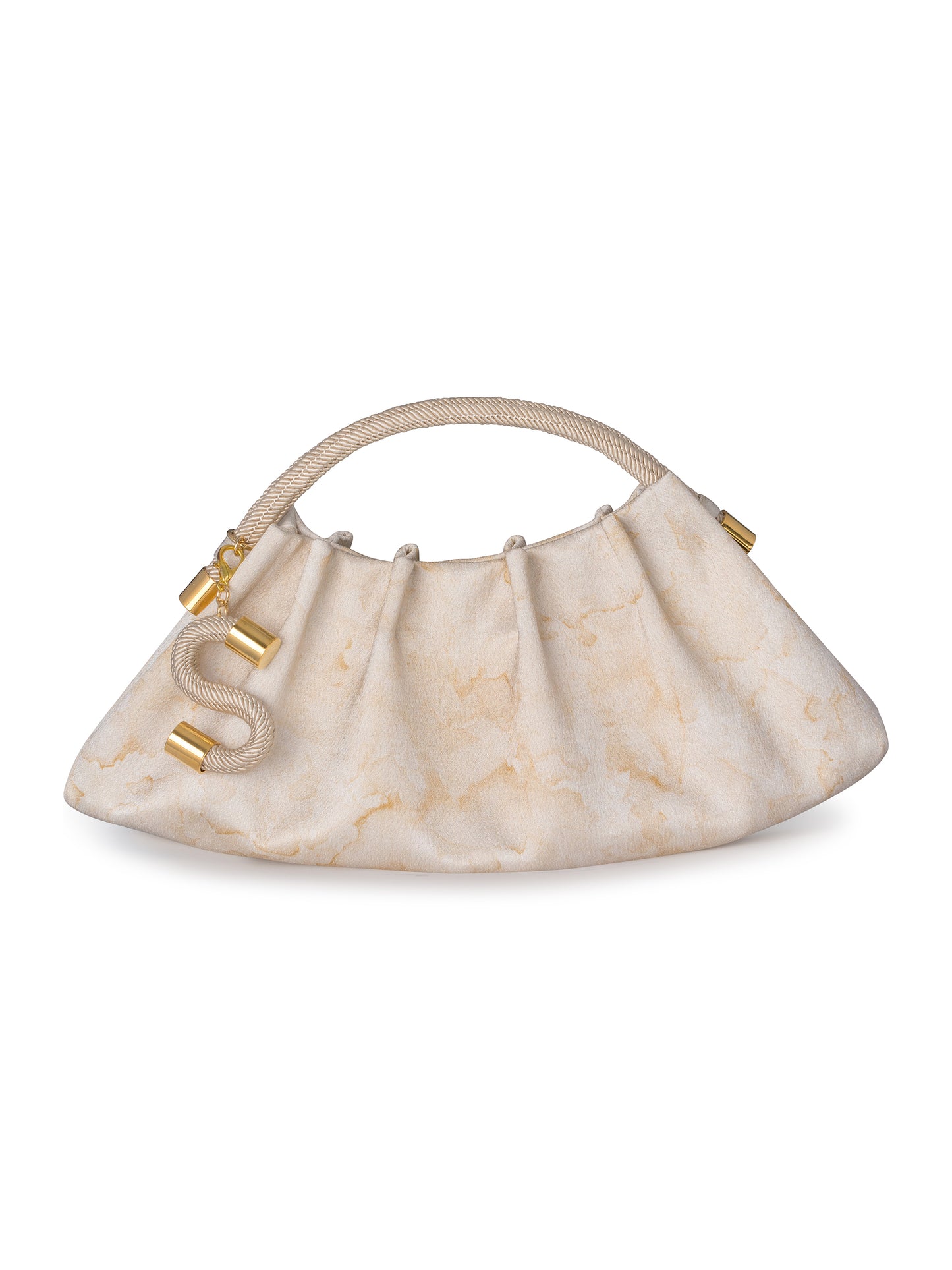 The ST Clutch Cream Abstract Print, a cream-colored, triangular-shaped handbag with a textured fabric, gathered design, and gold embellishments on the handle—a perfect accessory for your September 2024 wardrobe.