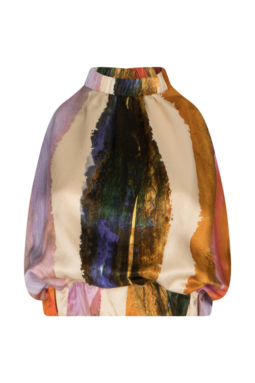 A Stefano Blouse Orange Orchid Abstract Stripes with an abstract multicolor print on a white background.