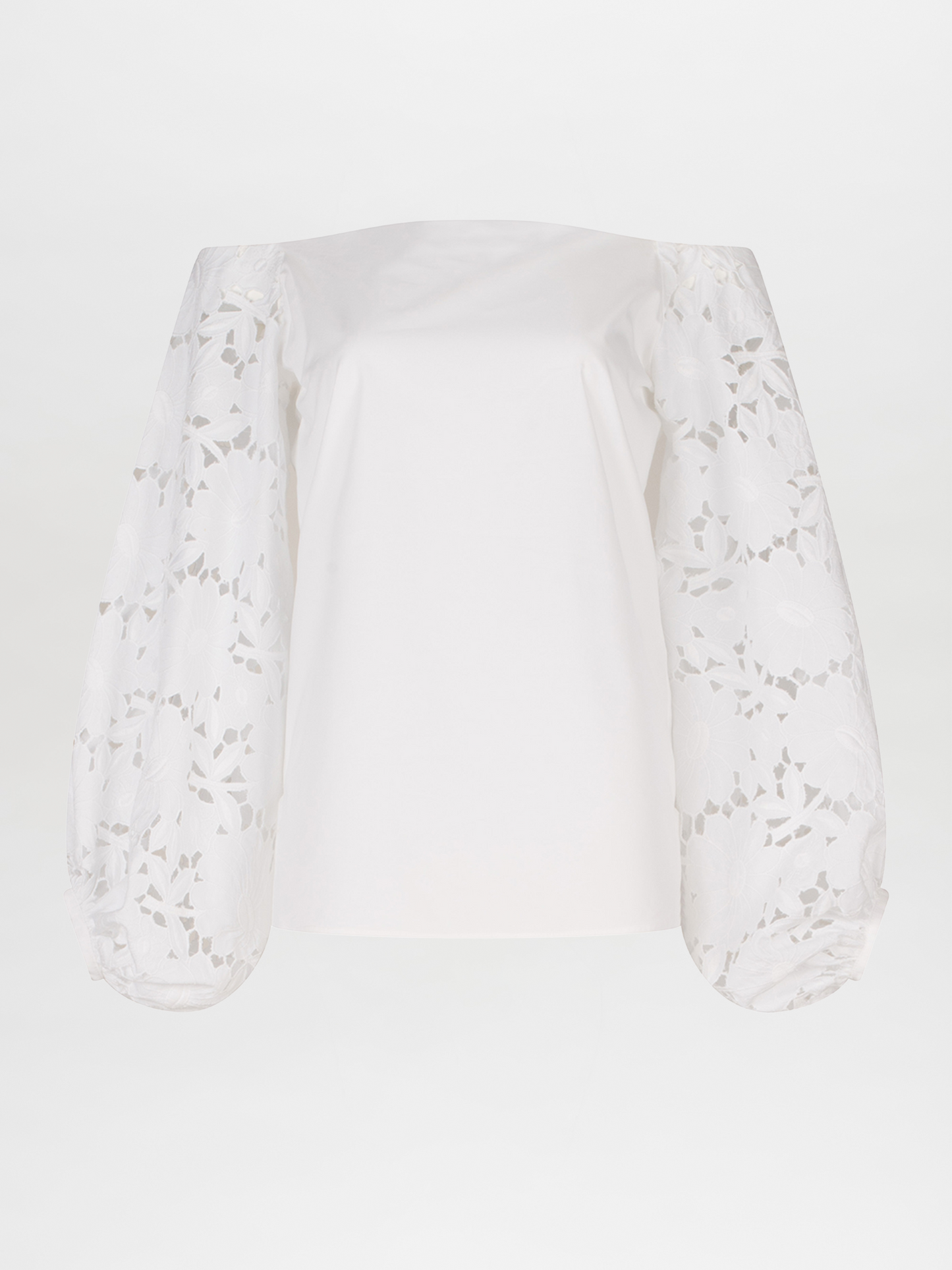 A white Stephanie Blouse White with lace bishop sleeves.