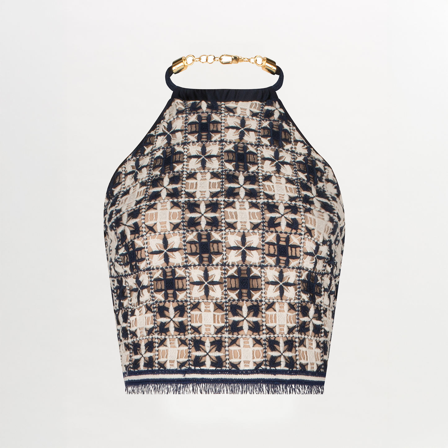 A Salma Top Navy White Crochet with a high neck and gold chain detail.