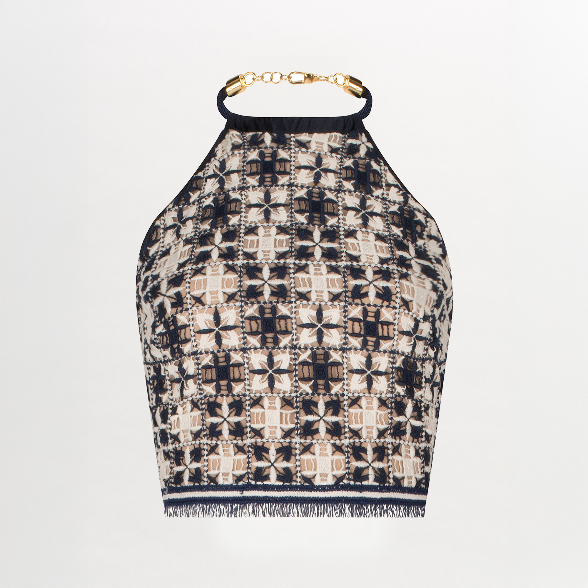 A Salma Top Navy White Crochet with a high neck and gold chain detail.