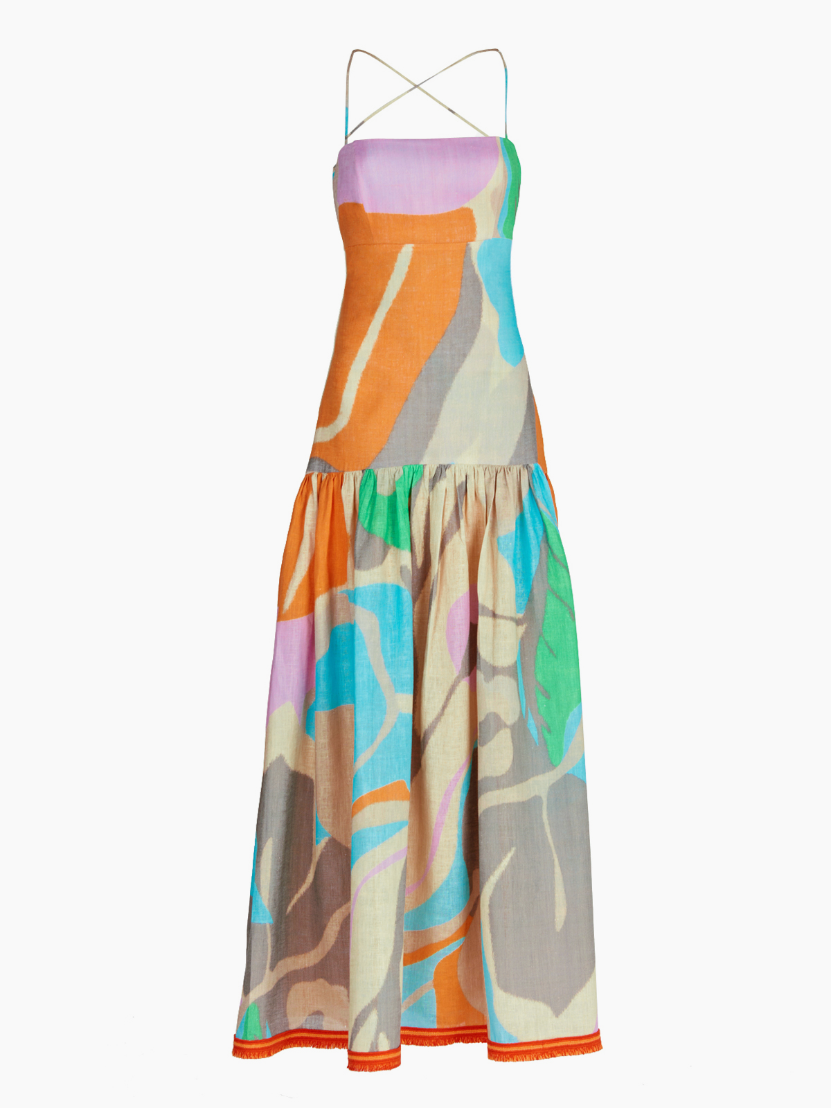 Shannon Dress Pastel Multi Swirls made from printed linen fabric.