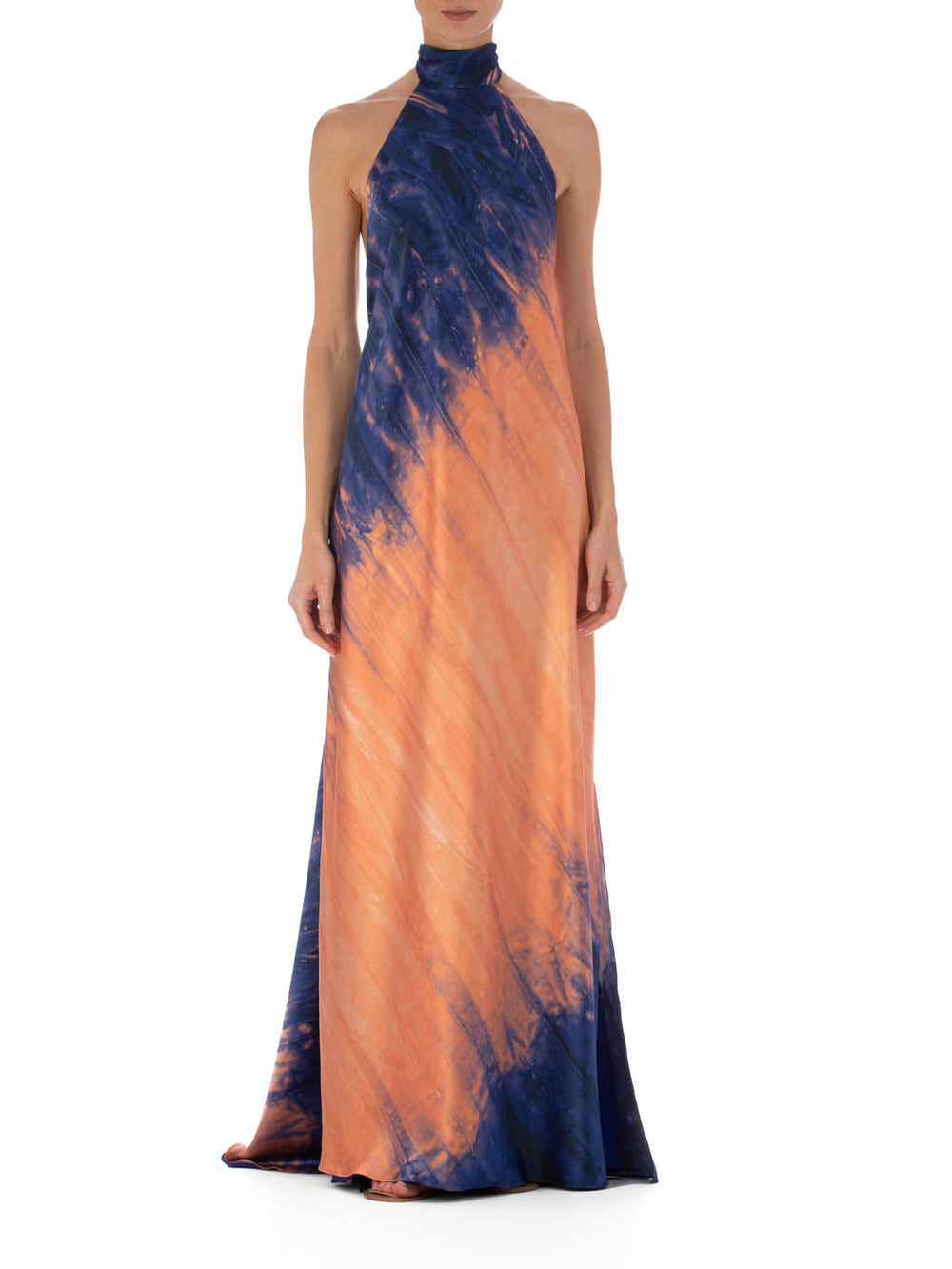 Elegant sleeveless Sherry Dress Mediterranean Coral Blue gown with a halter neckline, featuring a gradient blue and orange tie-dye design, displayed against a white background.