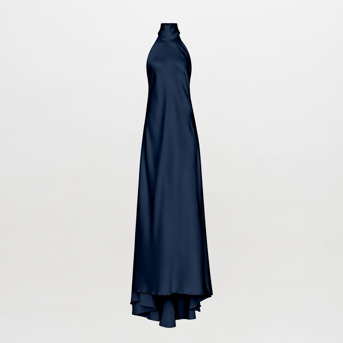 A sleeveless, high-neck, floor-length navy blue dress with a draped, ruffled hem, displayed on a ghost mannequin against a light gray background.