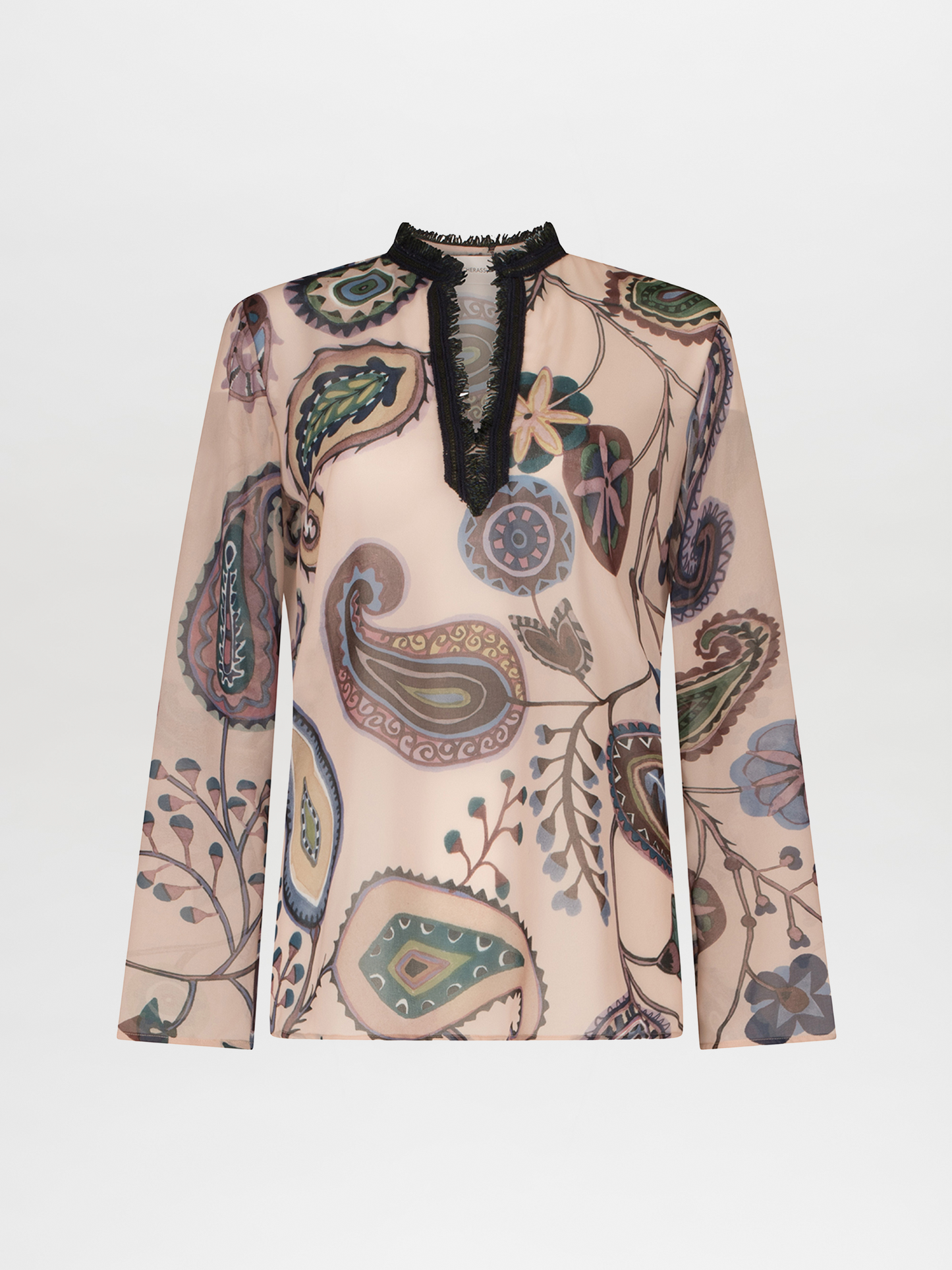 A Toscana Blouse Blue Green Paisley with a paisley print.