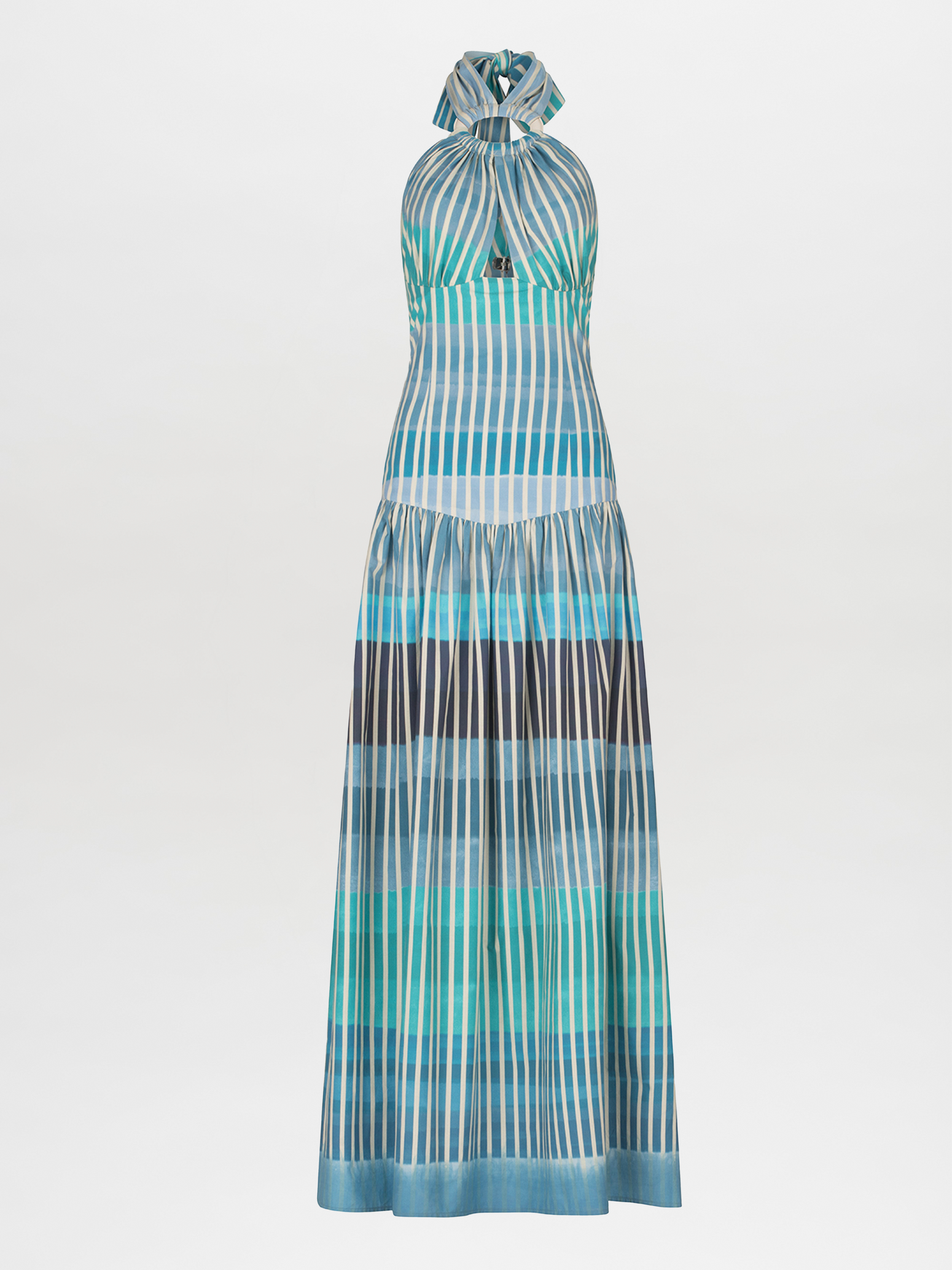 A Traviata Dress Infinite Blue Stripes on a white background.