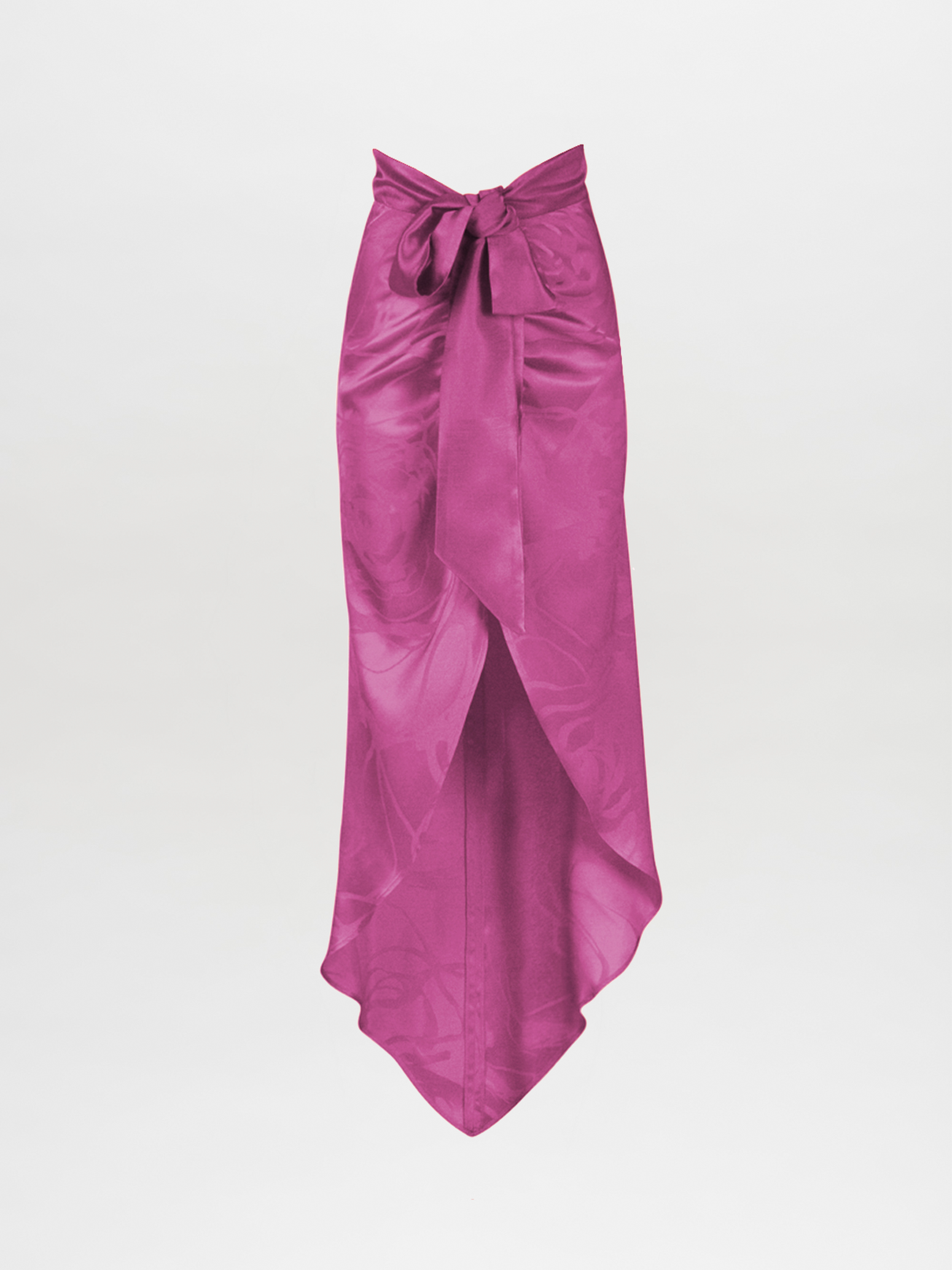 Introducing the Tara Skirt in Magenta Orchid Jacquard, a stunning satin maxi skirt ideal for your nighttime wardrobe. Designed with a high waist and tied bow detail, it adds elegance and charm to any evening event.