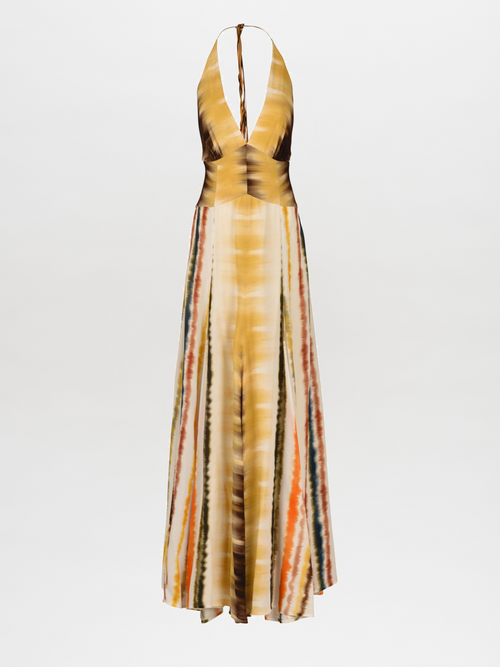 Tawny Dress Multi Hazy Stripe with a deep V-neckline, figure-elongating stripes, and floor-length flowy design.