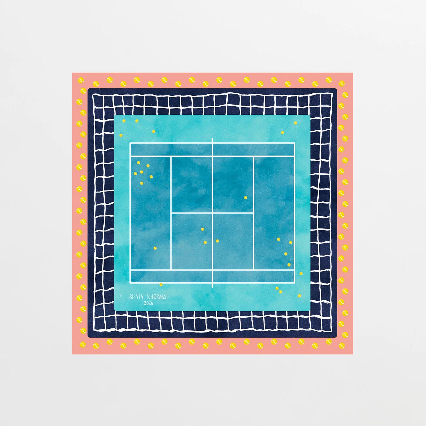 The Tennis Scarf features a colorful abstract tennis court with a blue center, navy net-like pattern, and pink border decorated with yellow tennis balls. Small yellow dots are scattered across the court area for added detail.