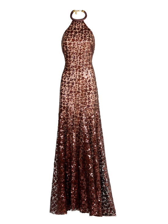 A brown Terni Dress Bronze Night Bloom with bronze sequin detailing on a mannequin.