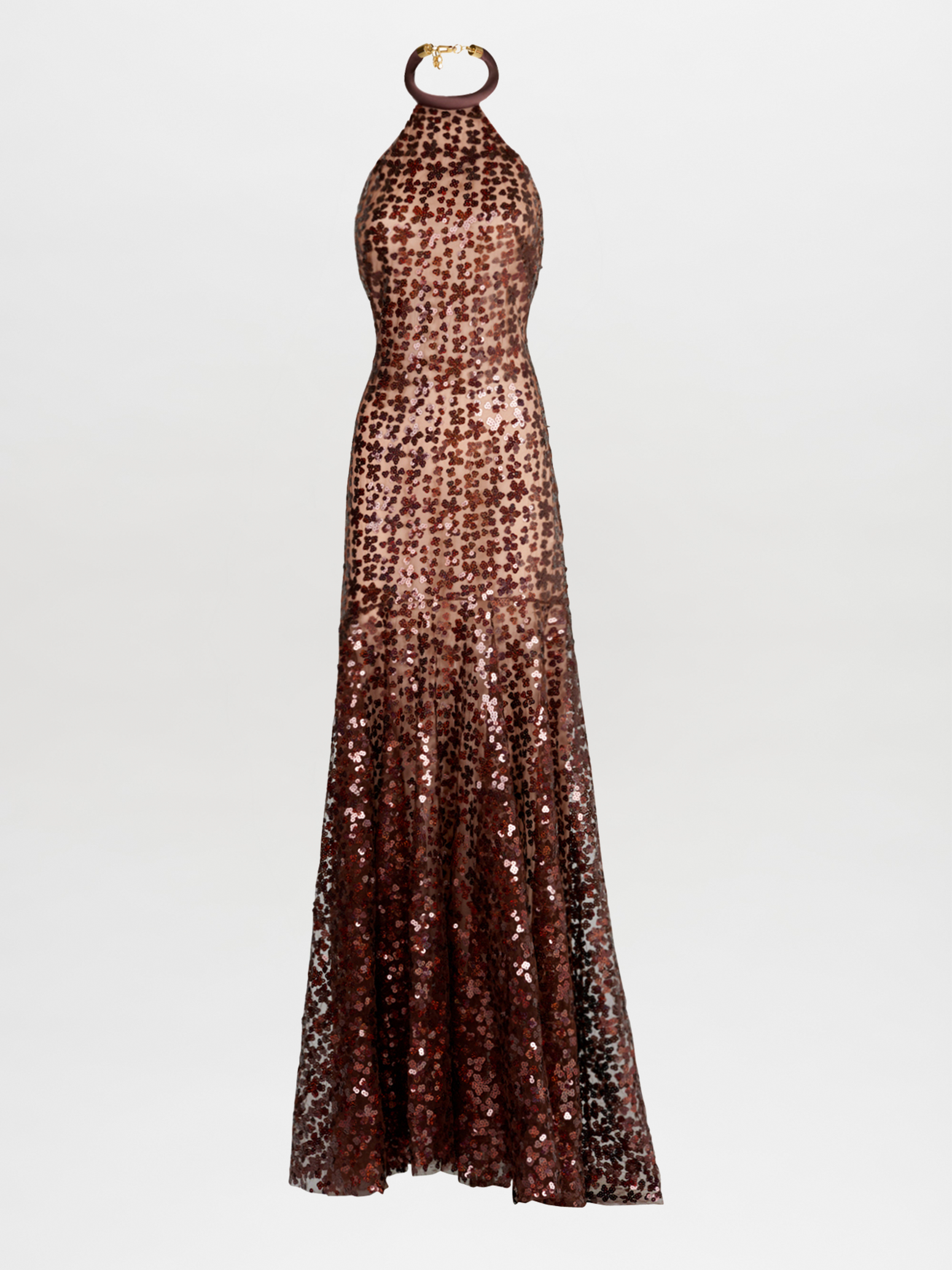 A brown Terni Dress Bronze Night Bloom with bronze sequin detailing on a mannequin.