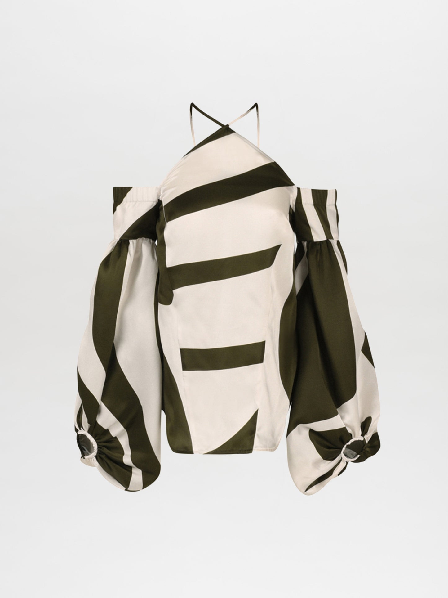 A white and dark green off-the-shoulder blouse with a striped pattern, bishop sleeves, and thin straps, similar in style to the Terry Blouse Green Abstract.