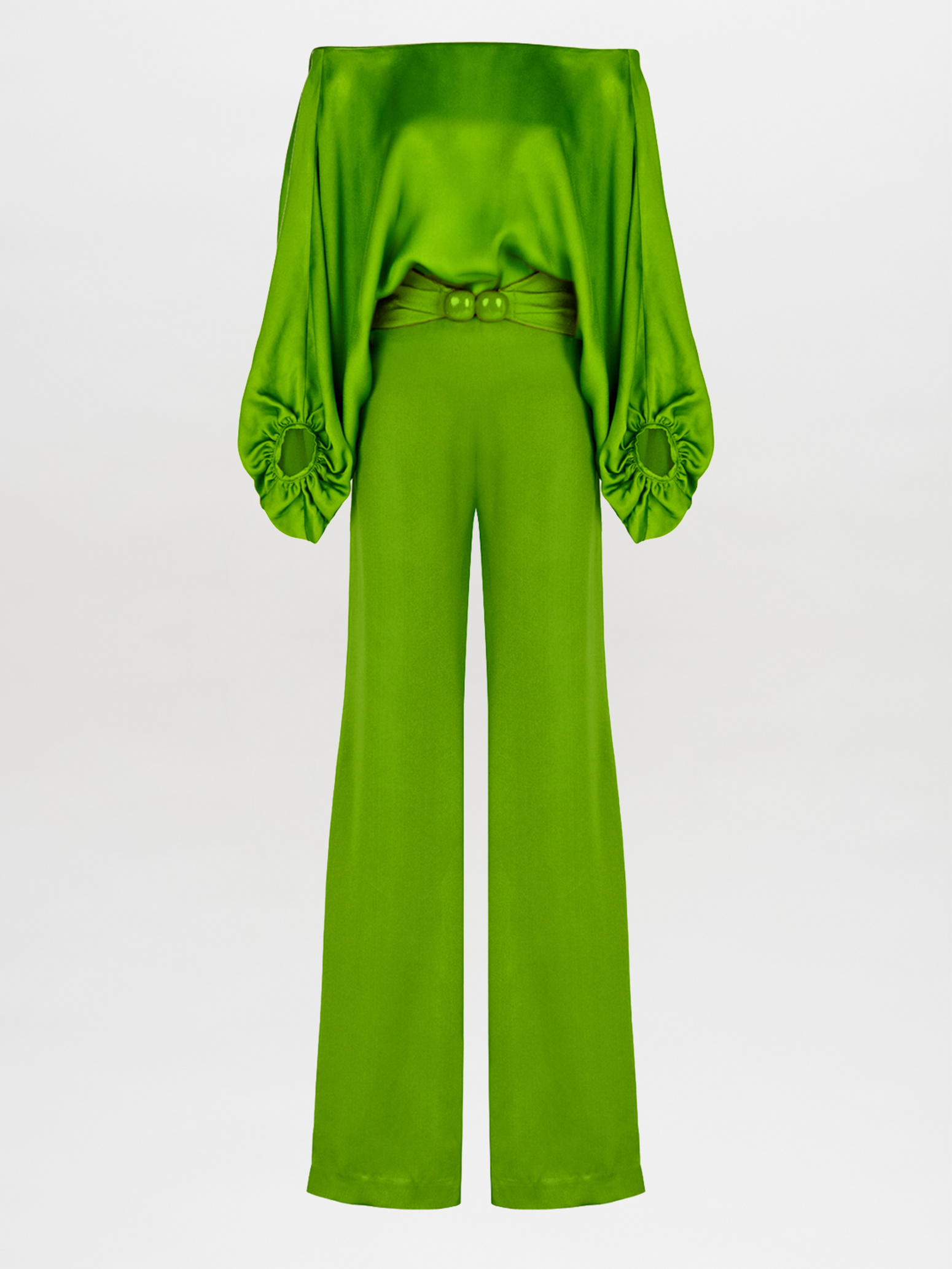 A Theresa Jumpsuit Lime with ruffled sleeves.