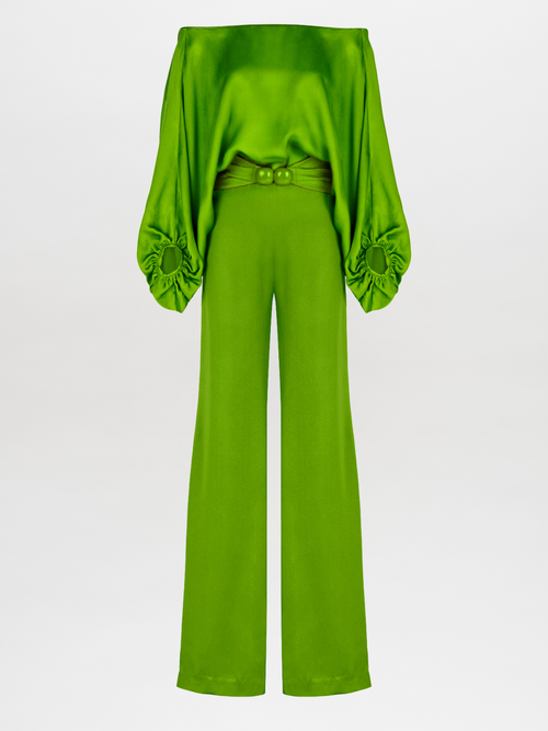 A Theresa Jumpsuit Lime with ruffled sleeves.