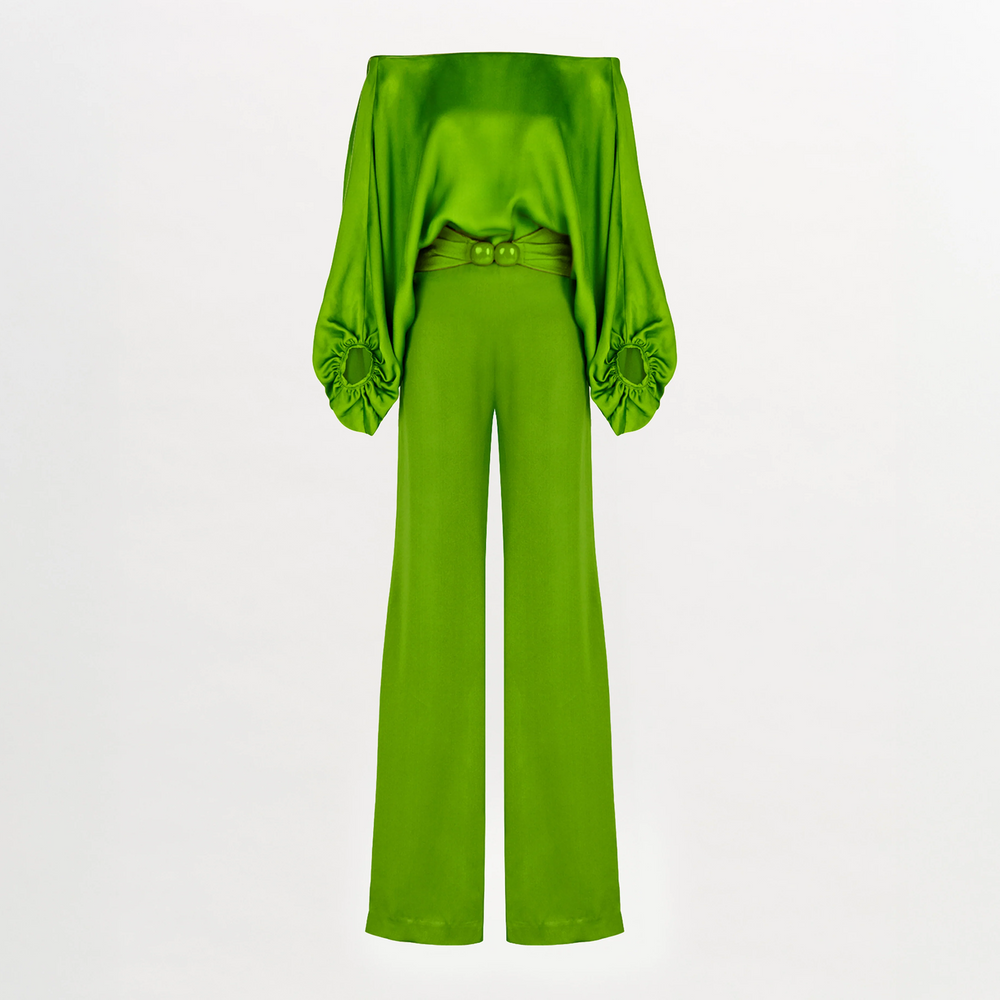 A Theresa Jumpsuit Lime with ruffled sleeves.