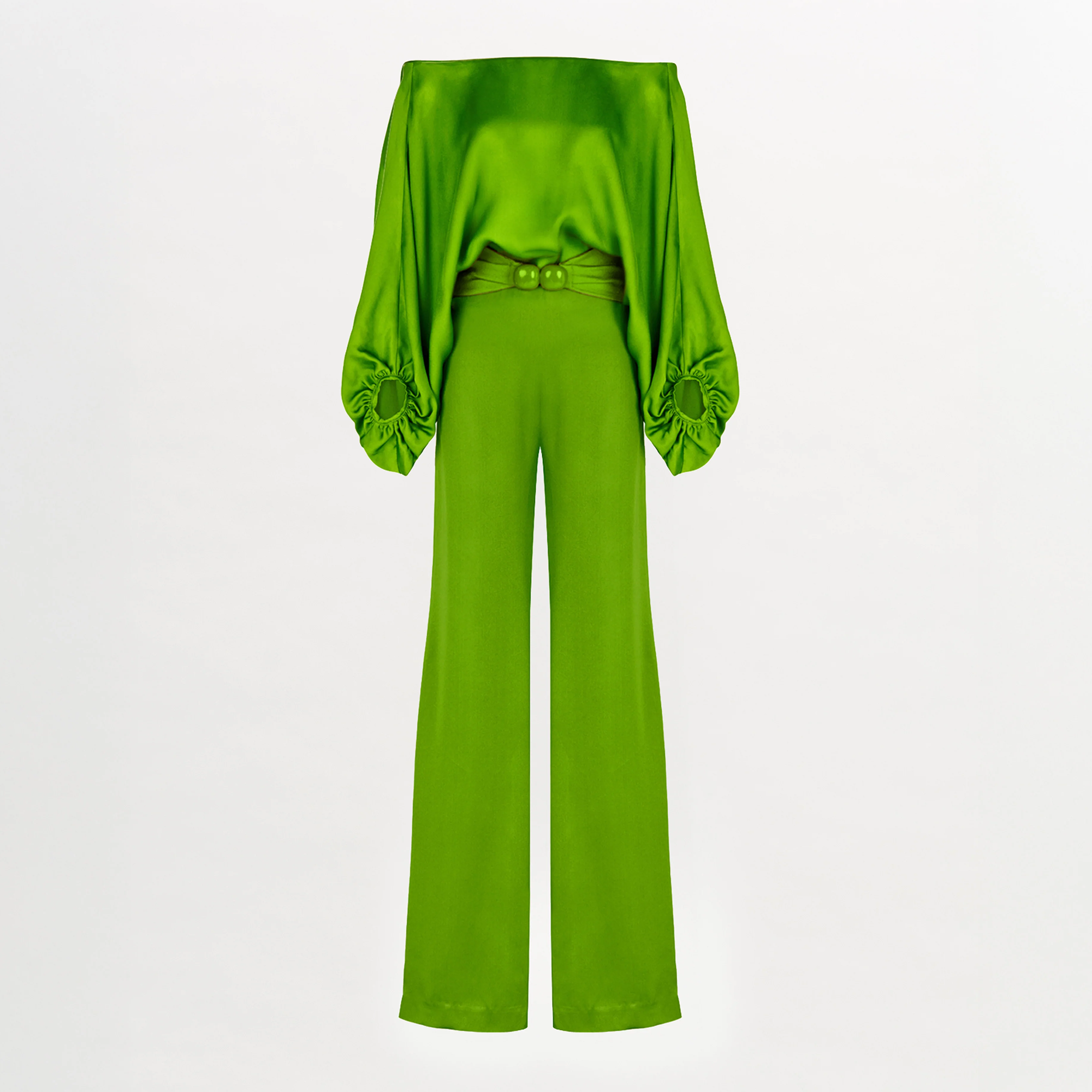 A Theresa Jumpsuit Lime with ruffled sleeves.