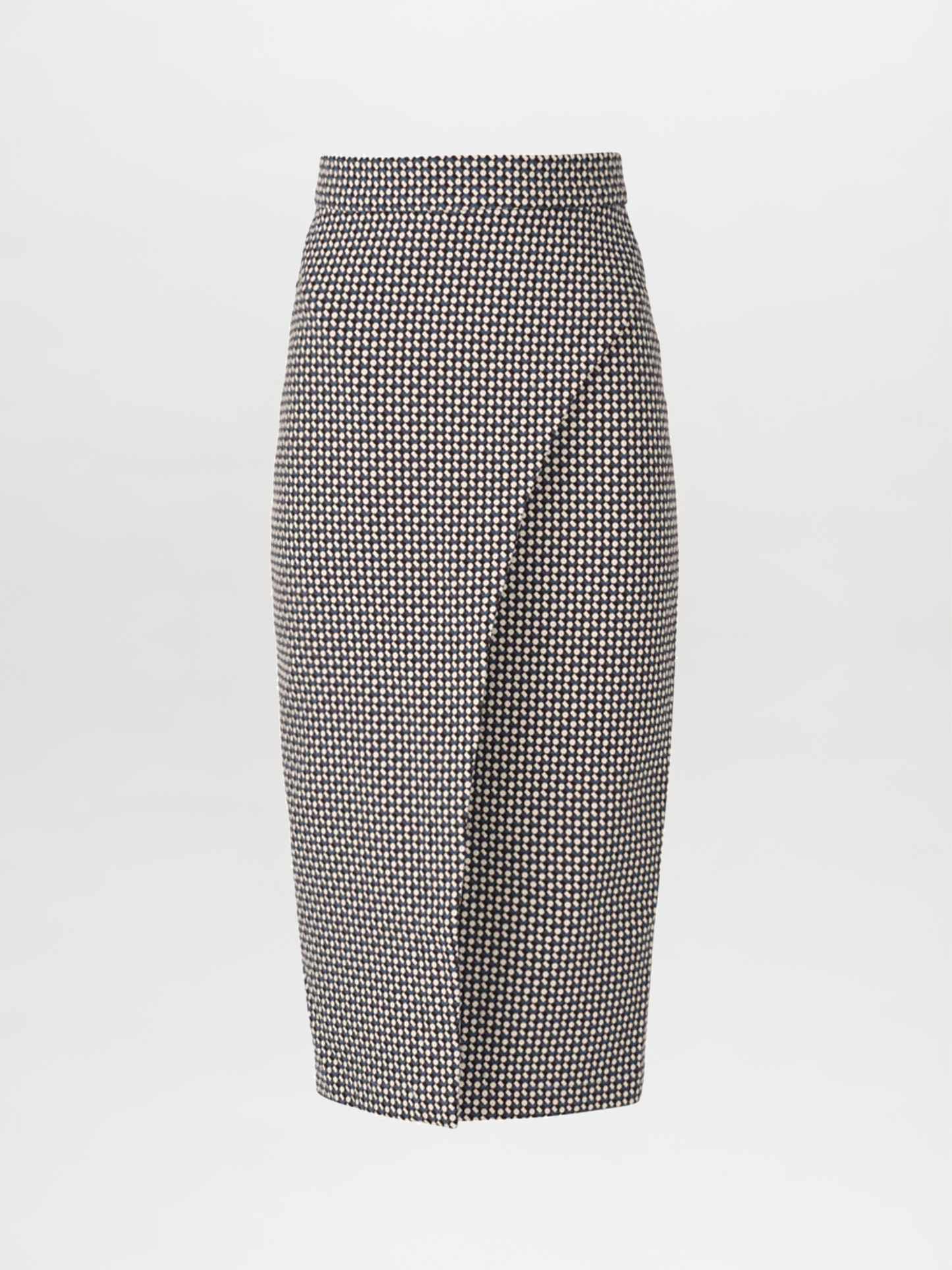 A knee-length, black and white houndstooth pencil skirt with a front overlap detail, seamlessly blending the elegant pencil skirt silhouette from the Resort 2023 collection, Thora Skirt Celeste Geometric Print.