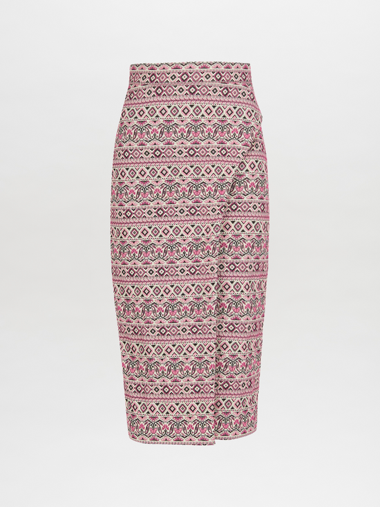 A Thora Skirt Magenta Metallic Multi Jacquard featuring a pink, white, and black geometric and floral pattern in a classic pencil skirt silhouette.