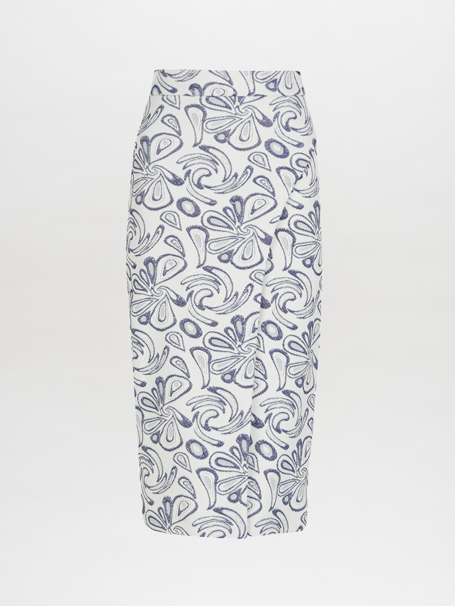 Introducing the Thora Skirt Navy Swirls, meticulously crafted from premium gabardine fabric. This white pencil skirt features an abstract navy blue and black pattern set against a pristine backdrop, perfectly tailored for elegance and style.