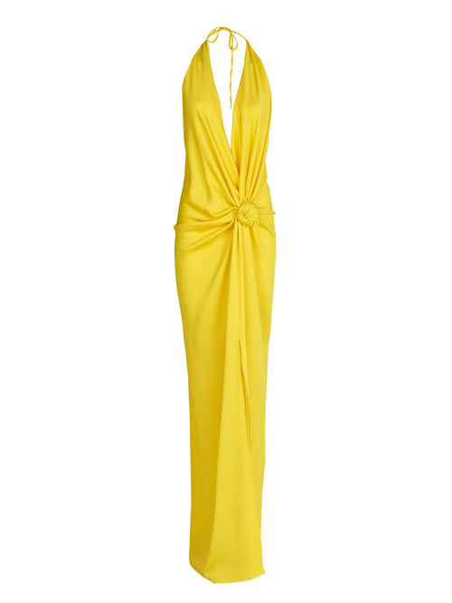 This Torgiano Dress Yellow features a halter neckline.