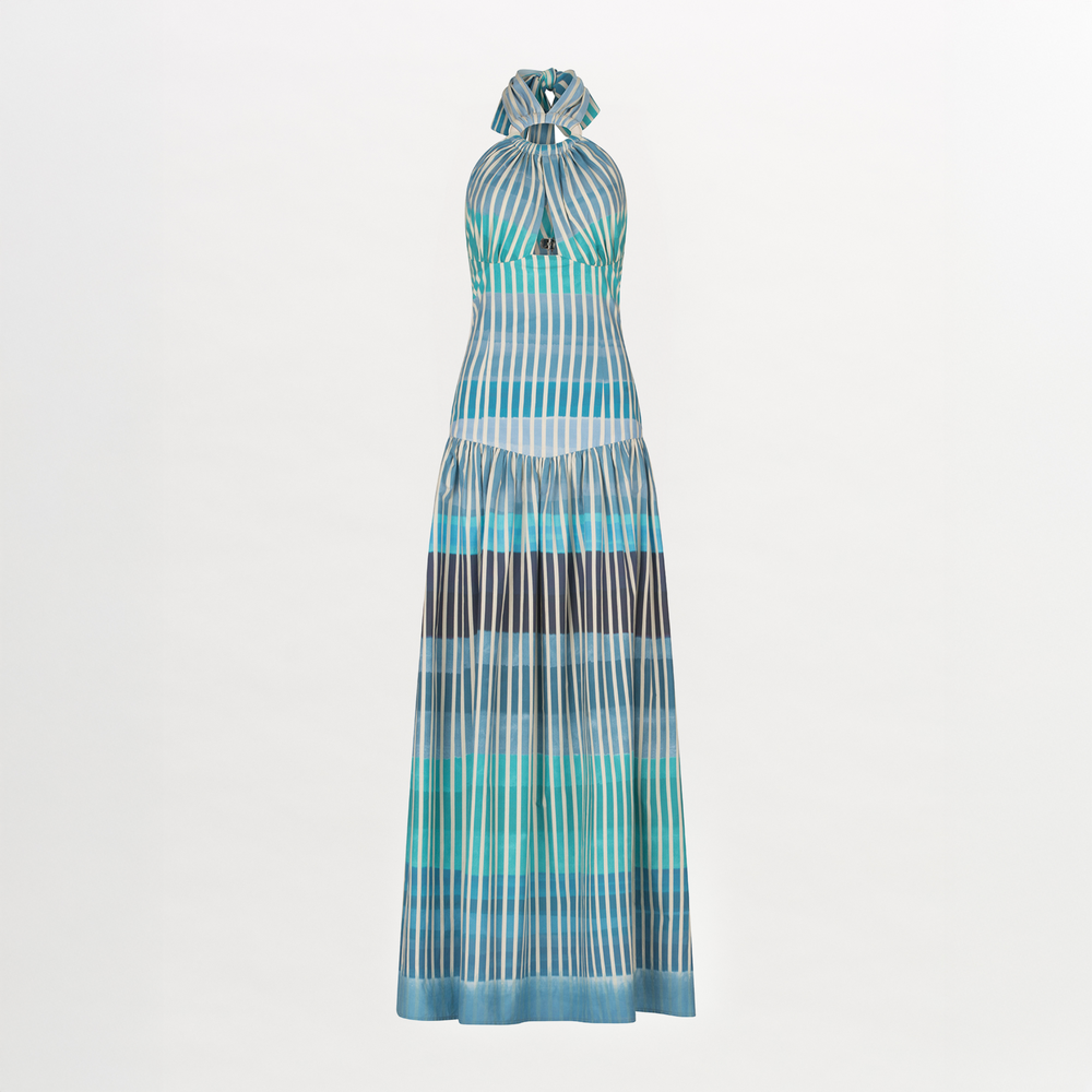 A Traviata Dress Infinite Blue Stripes on a white background.