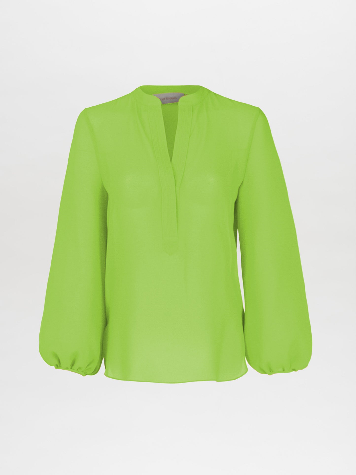 Triora Blouse Verde Lime, featuring a V-neckline and long, puffed sleeves in a vibrant green hue, ideal for a stylish outing, showcased against a simple white backdrop.