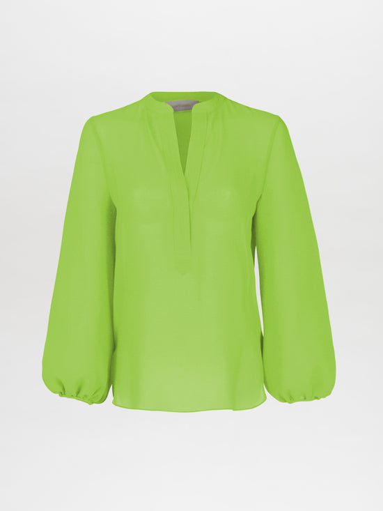 Triora Blouse Verde Lime, featuring a V-neckline and long, puffed sleeves in a vibrant green hue, ideal for a stylish outing, showcased against a simple white backdrop.